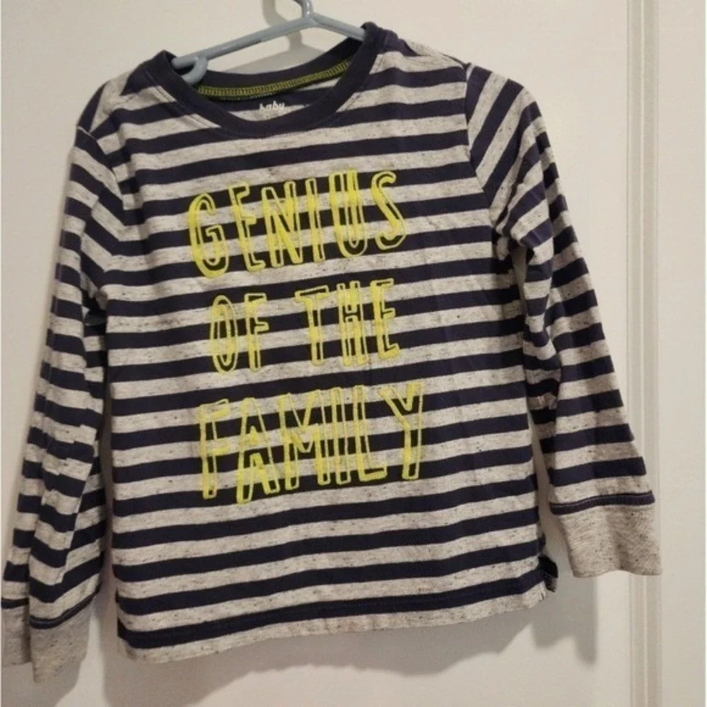 Baby B'gosh Kids sz4T Long Sleeve Shirt Genius‎ of the Family Navy Stripe Funny